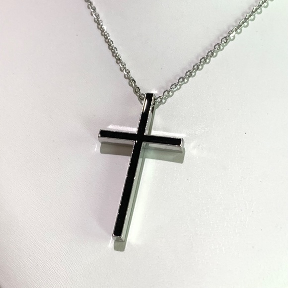 Black and Silver Tone Simple Cross Necklace, on  20”-22” chain. - Picture 9 of 12